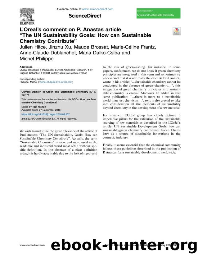 L'Oreal's comment on P. Anastas article ``The UN Sustainability Goals: How can Sustainable Chemistry Contribute'' by unknow