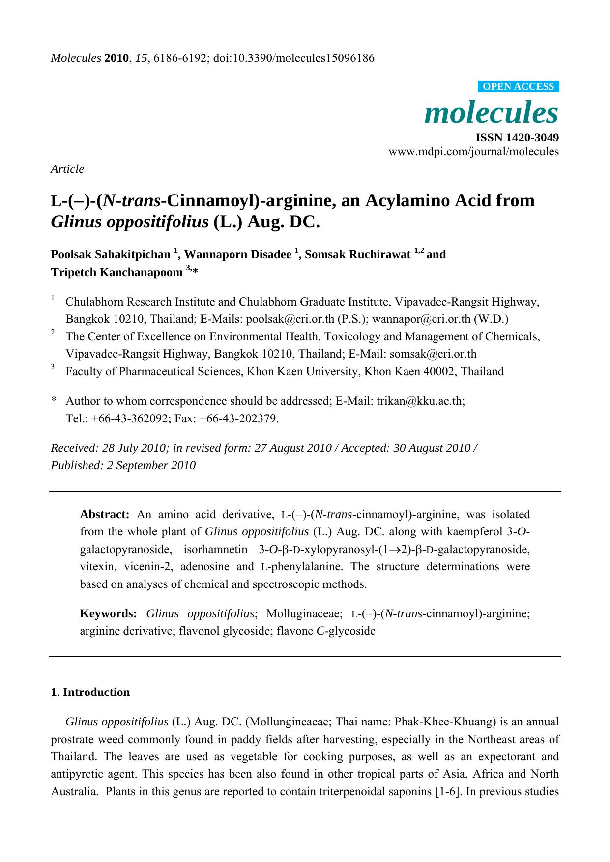 L-(ï­)-(N-trans-Cinnamoyl)-arginine, an Acylamino Acid from Glinus oppositifolius (L.) Aug. DC. by Poolsak Sahakitpichan & Wannaporn Disadee & Somsak Ruchirawat & Tripetch Kanchanapoom