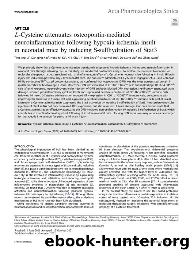 L-Cysteine attenuates osteopontin-mediated neuroinflammation following hypoxia-ischemia insult in neonatal mice by inducing S-sulfhydration of Stat3 by unknow