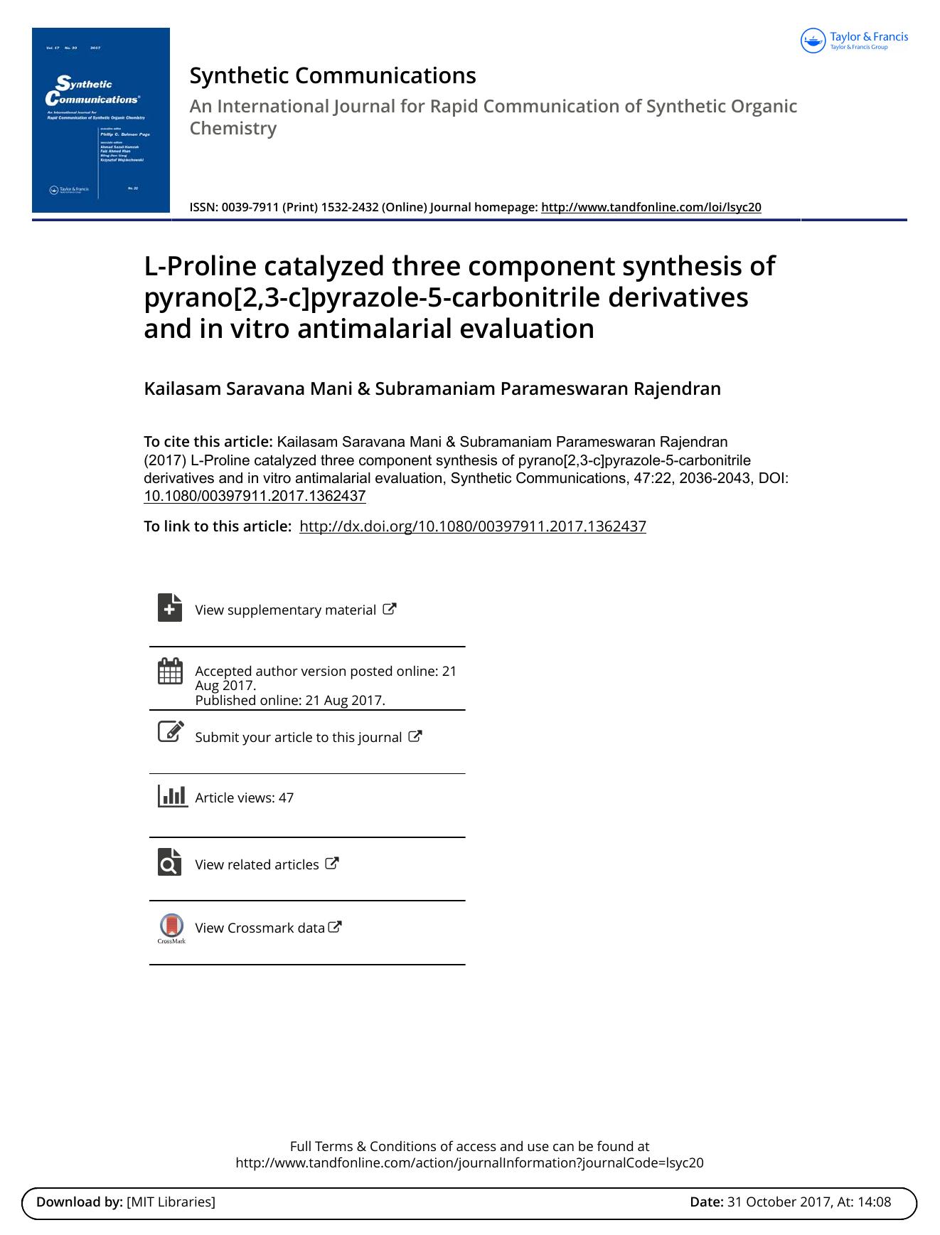 L-Proline catalyzed three component synthesis of pyrano[2,3-c]pyrazole-5-carbonitrile derivatives and in vitro antimalarial evaluation by Kailasam Saravana Mani
