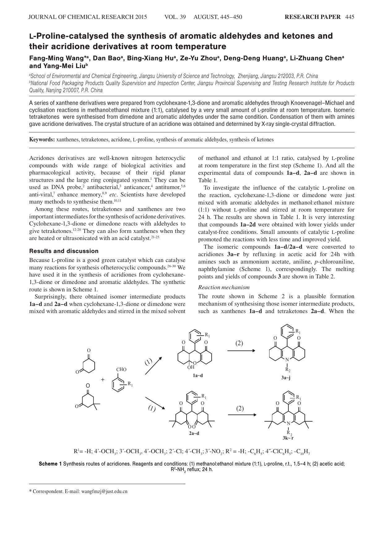 L-Proline-catalysed the synthesis of aromatic aldehydes and ketones and their acridione derivatives at room temperature by unknow