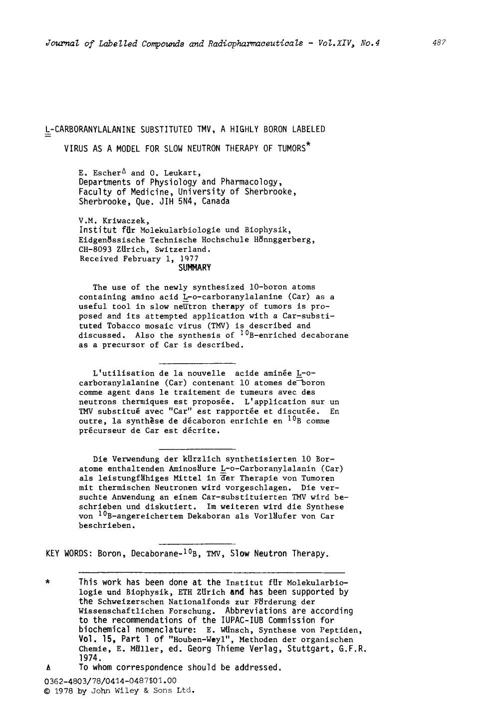 L-carboranylalanine substituted TMV, a highly boron labeled virus as a model for slow neutron therapy of tumors by Unknown