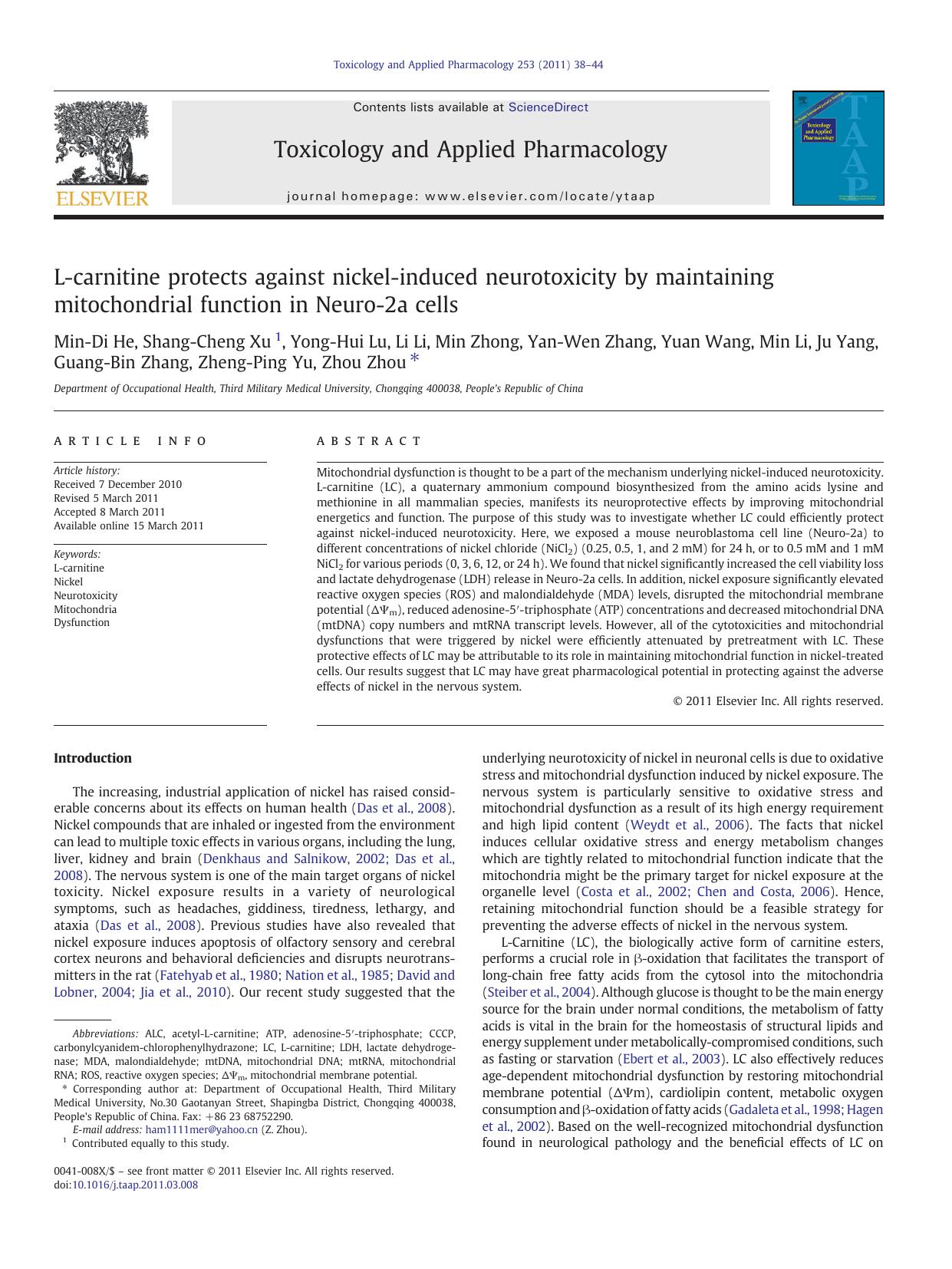 L-carnitine protects against nickel-induced neurotoxicity by maintaining mitochondrial function in Neuro-2a cells by Min-Di He
