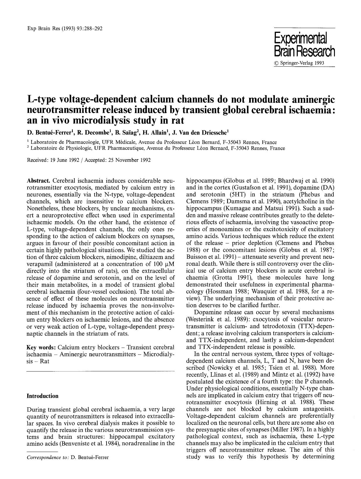 L-type voltage-dependent calcium channels do not modulate aminergic neurotransmitter release induced by transient global cerebral ischaemia: an in vivo microdialysis study in rat by Unknown