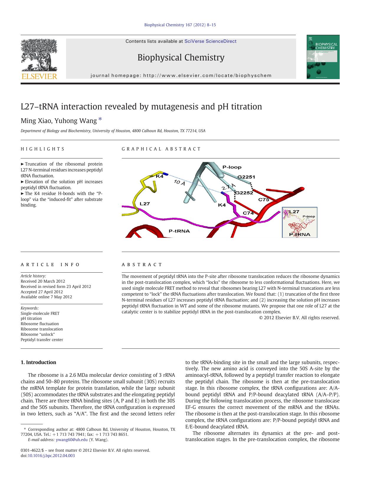 L27âtRNA interaction revealed by mutagenesis and pH titration by Ming Xiao & Yuhong Wang