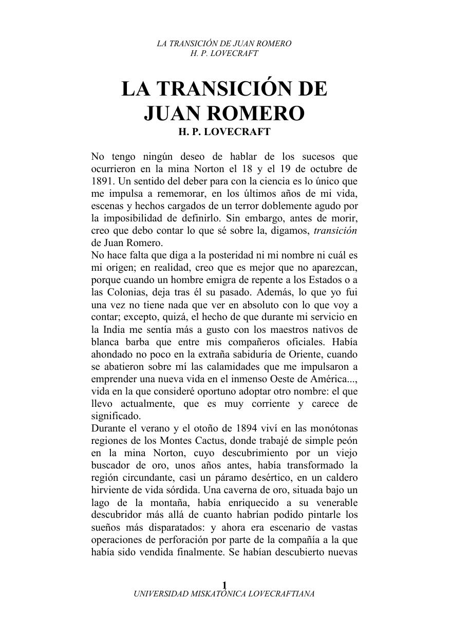 LA TRANSICIÃN DE JUAN ROMERO by H. P. LOVECRAFT