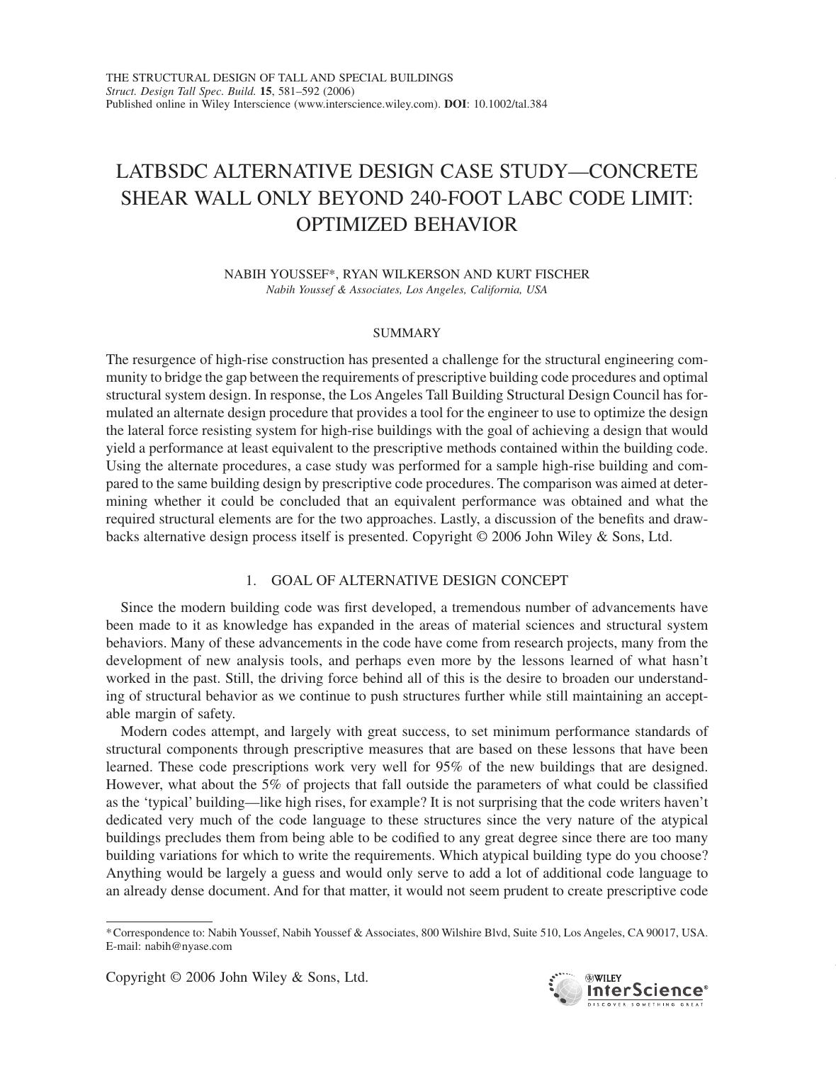 LATBSDC alternative design case study-concrete shear wall only beyond 240-foot LABC code limit: optimized behavior by Jene