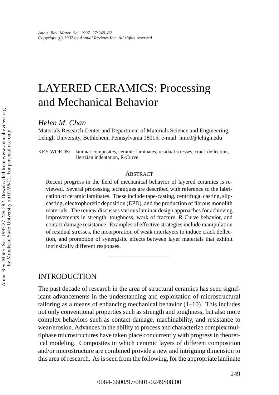 LAYERED CERAMICS: Processing and Mechanical Behavior by Helen M. Chan