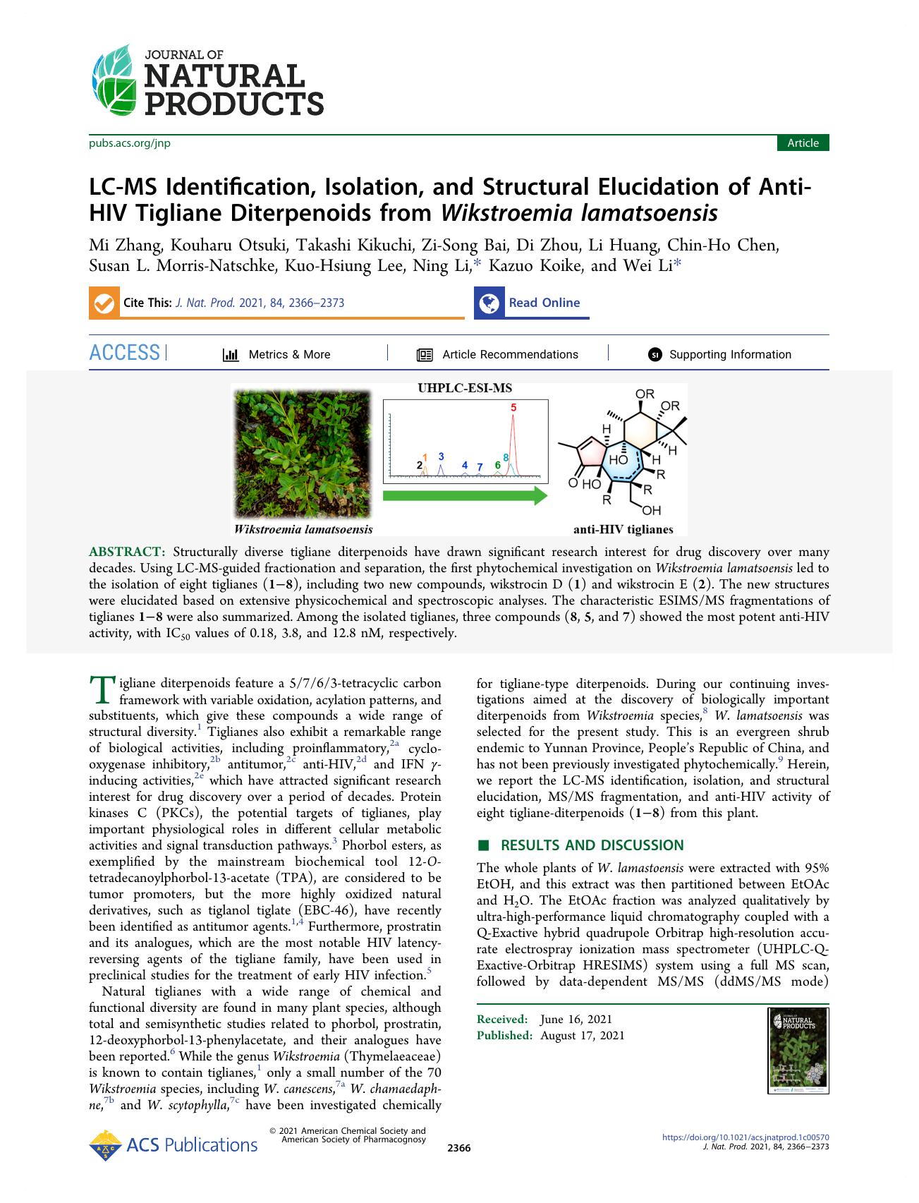 LC-MS Identification, Isolation, and Structural Elucidation of Anti-HIV Tigliane Diterpenoids from Wikstroemia lamatsoensis by unknow