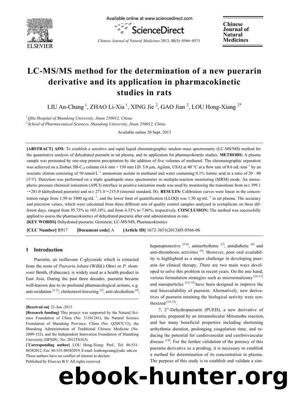 LC-MSMS method for the determination of a new puerarin derivative and its application in pharmacokinetic studies in rats by An-Chang LIU & Li-Xia ZHAO & Jie XING & Jian GAO & Hong-Xiang LOU