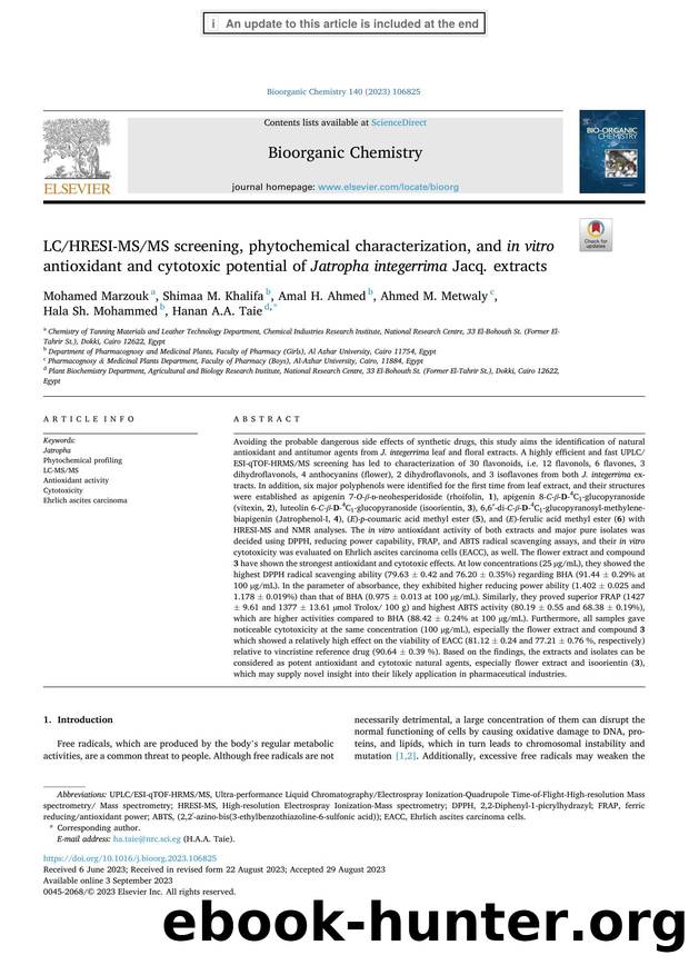 LCHRESI-MSMS screening, phytochemical characterization, and in vitro antioxidant and cytotoxic potential of Jatropha integerrima Jacq . extracts by unknow