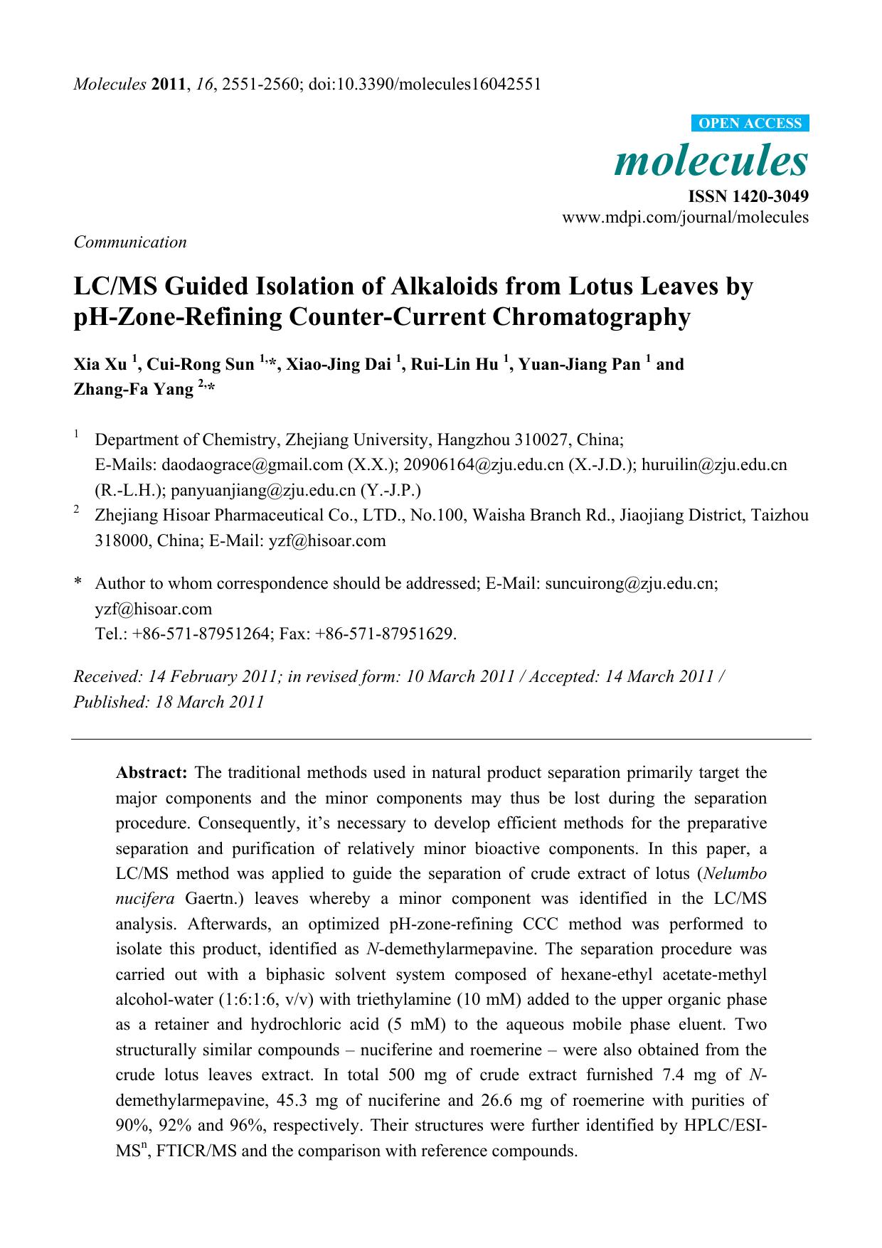 LCMS Guided Isolation of Alkaloids from Lotus Leaves by pH-Zone-Refining Counter-Current Chromatography by unknow