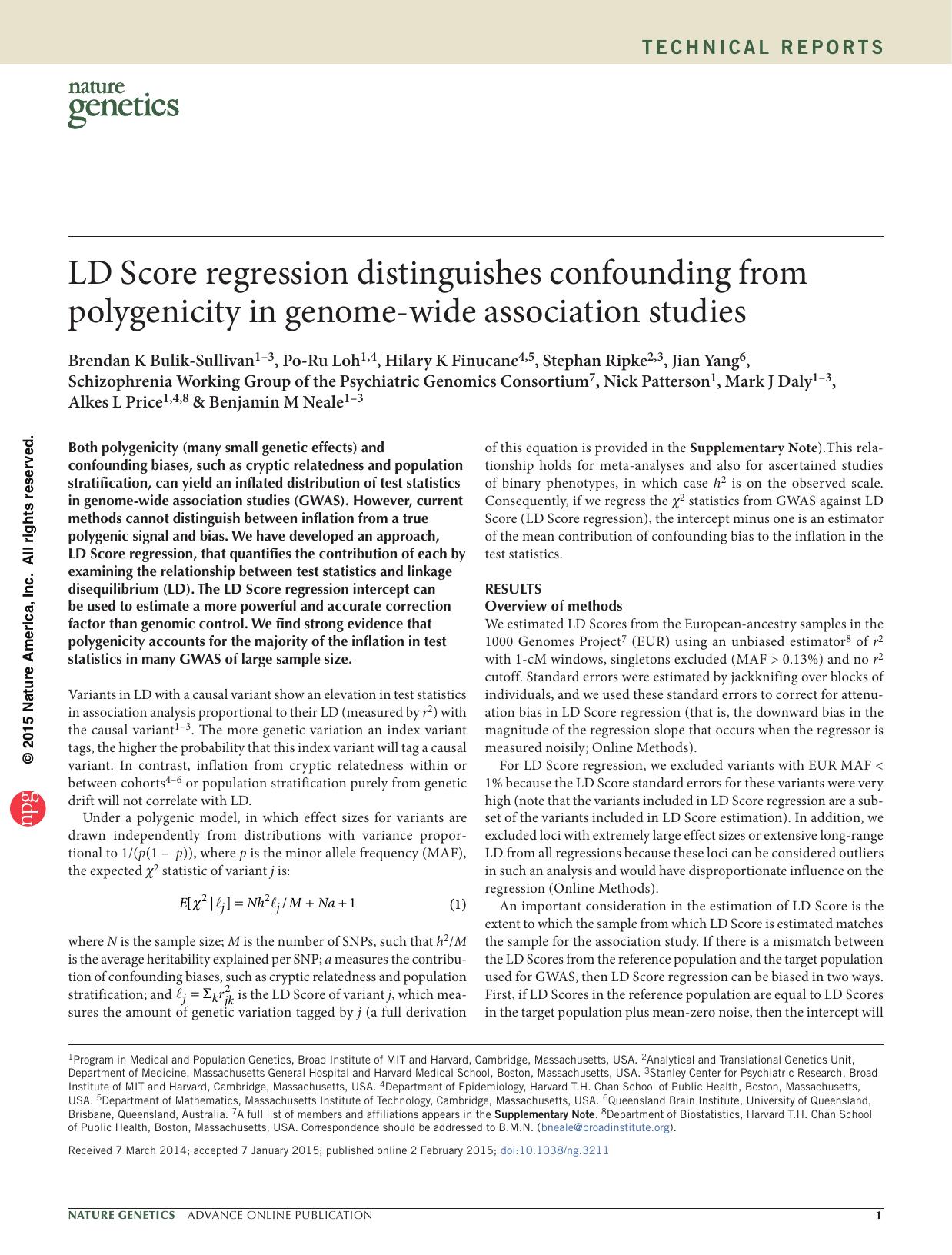 LD Score regression distinguishes confounding from polygenicity in genome-wide association studies by unknow