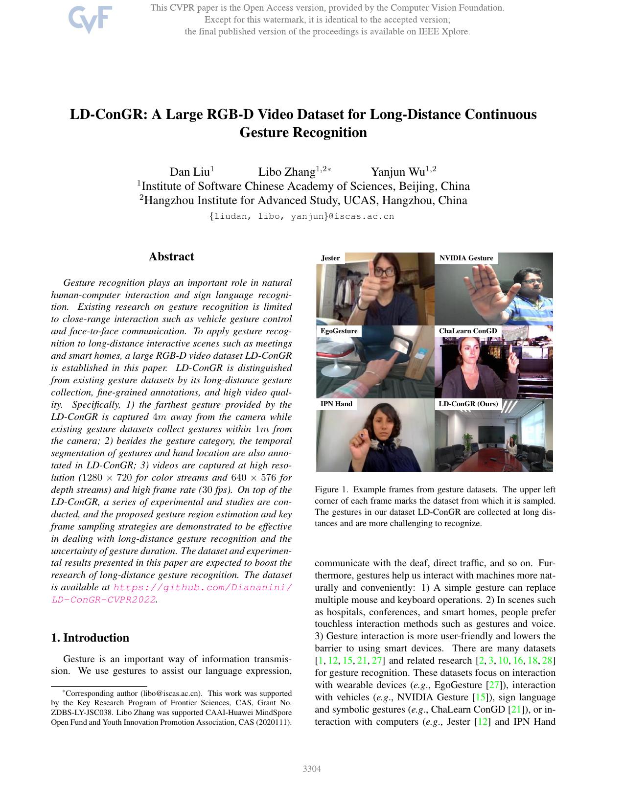 LD-ConGR: A Large RGB-D Video Dataset for Long-Distance Continuous Gesture Recognition by Dan Liu & Libo Zhang & Yanjun Wu