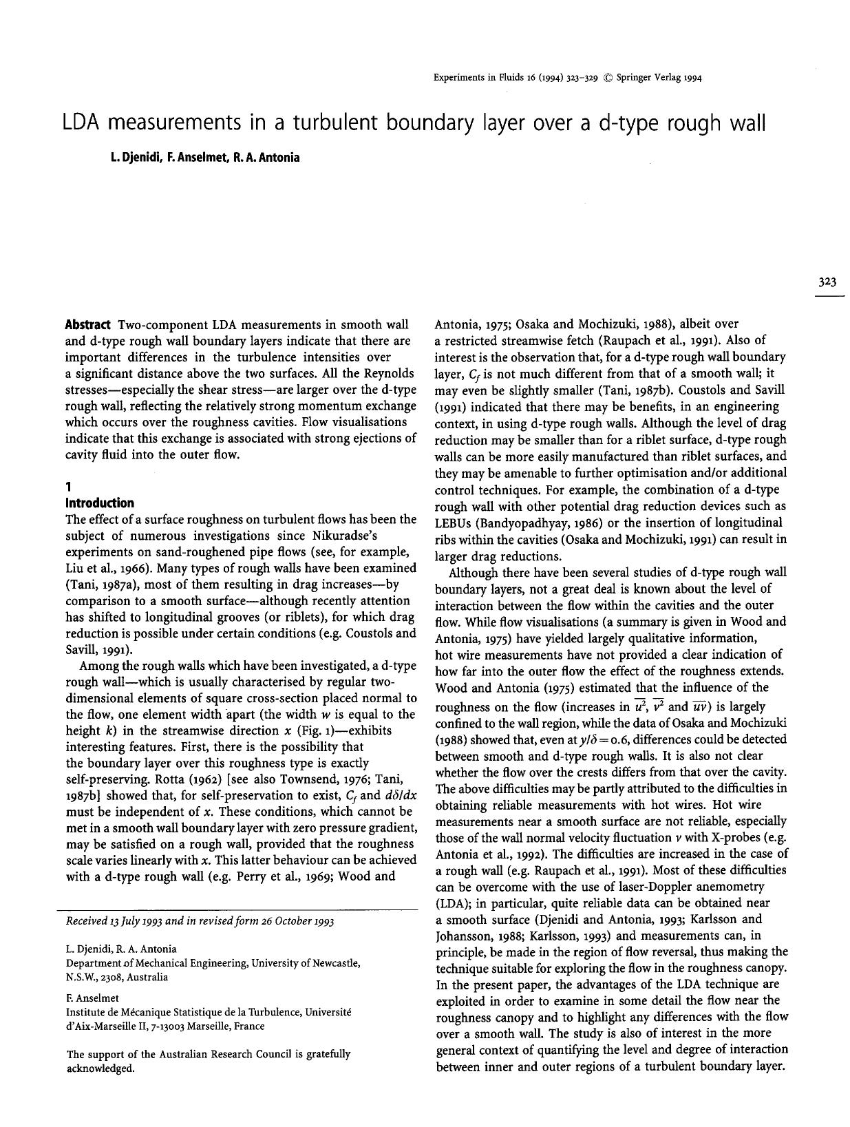 LDA measurements in a turbulent boundary layer over a d-type rough wall by Unknown