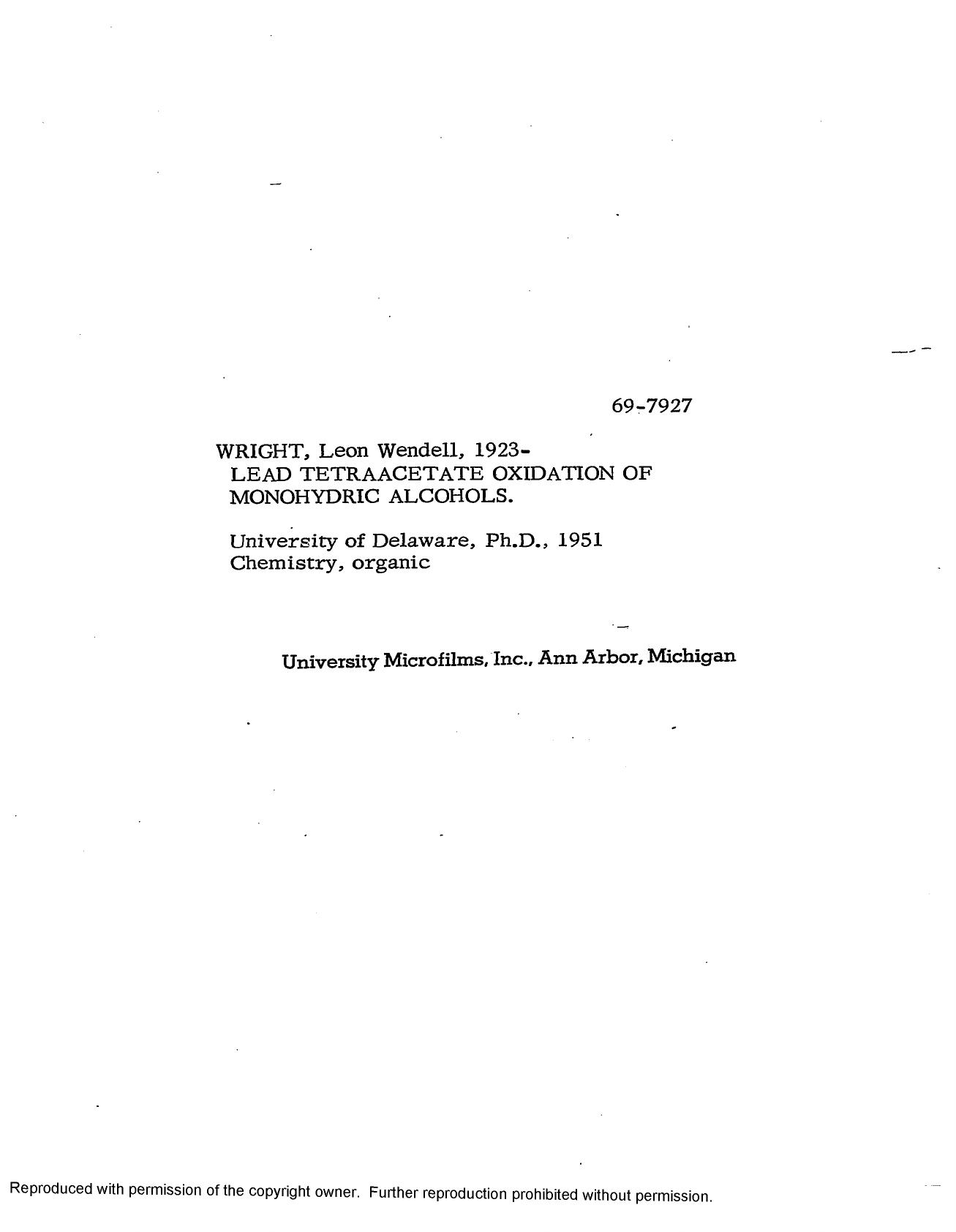 LEAD TETRAACETATE OXIDATION OF MONOHYDRIC ALCOHOLS by WRIGHT LEON WENDELL