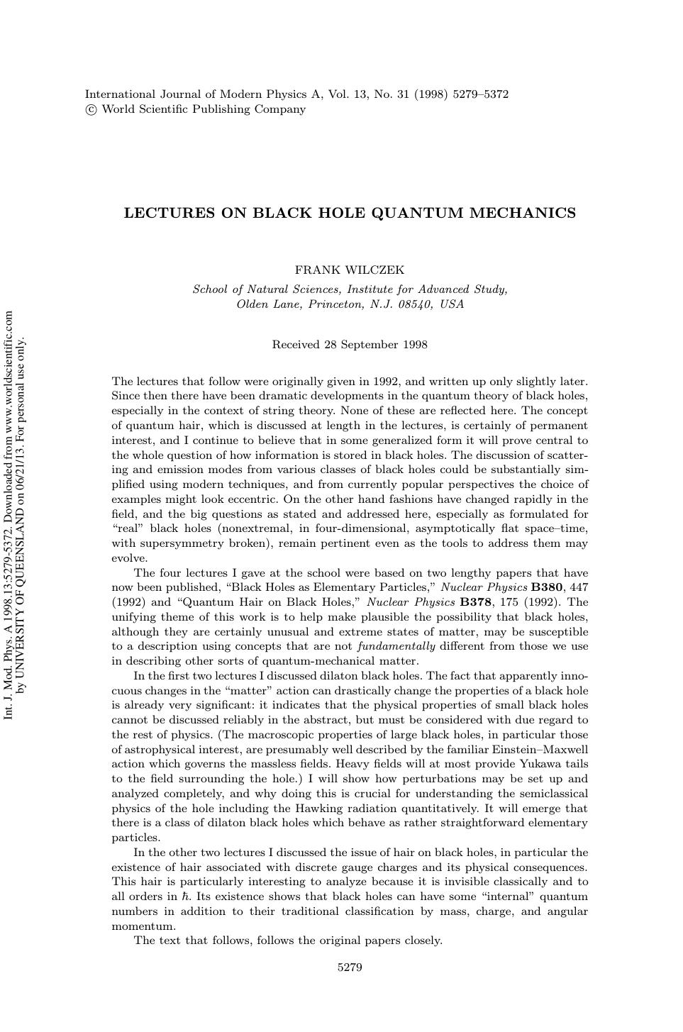 LECTURES ON BLACK HOLE QUANTUM MECHANICS by FRANK WILCZEK