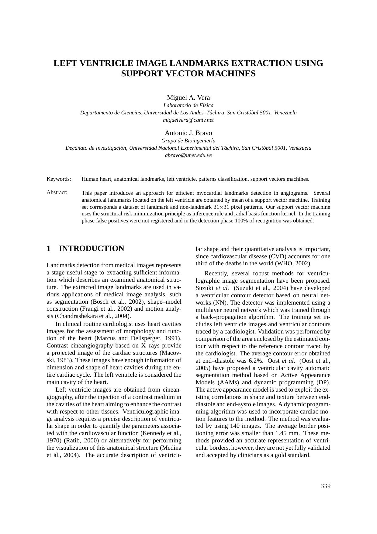 LEFT VENTRICLE IMAGE LANDMARKS EXTRACTION USING SUPPORT VECTOR MACHINES by Miguel A. Vera & Antonio J. Bravo