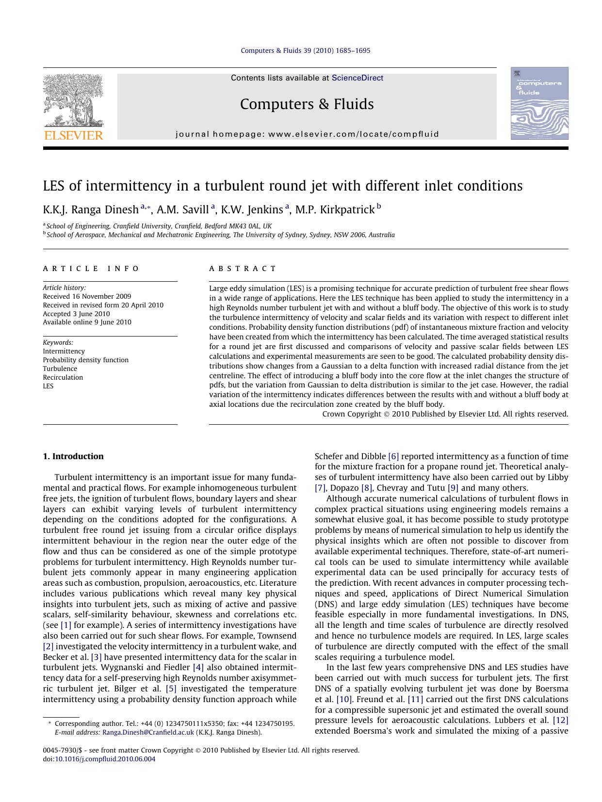 LES of intermittency in a turbulent round jet with different inlet conditions by K.K.J. Ranga Dinesh & A.M. Savill & K.W. Jenkins & M.P. Kirkpatrick