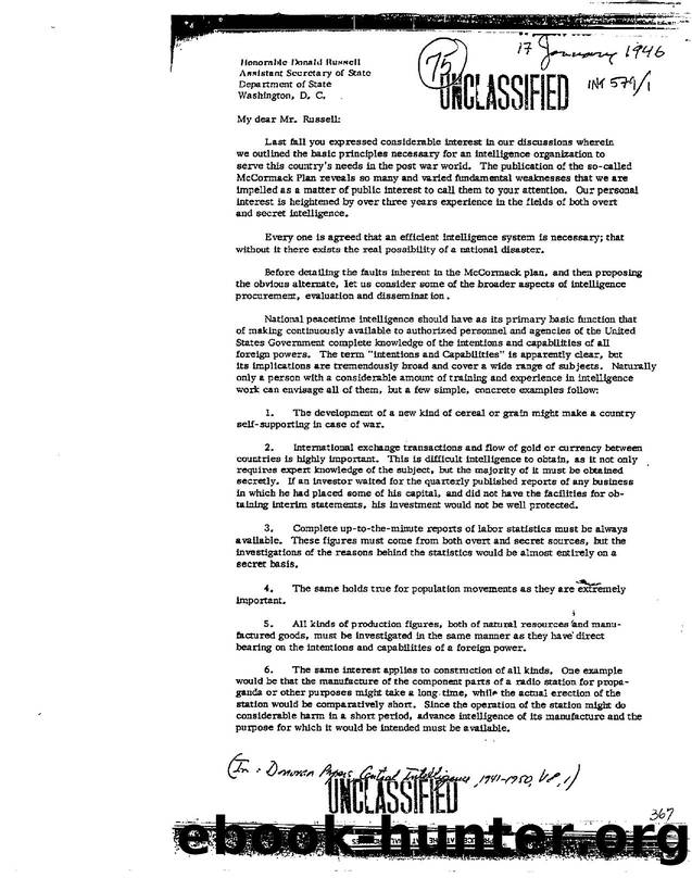 LETTER RE  THE BASIC PRINCIPLES NECESSARY FOR AN INTELLIGENCE ORGANIZATION TO SERVE THIS COUNTRY'S NEEDS IN THE POST WAR WORLD 3d72 by Unknown