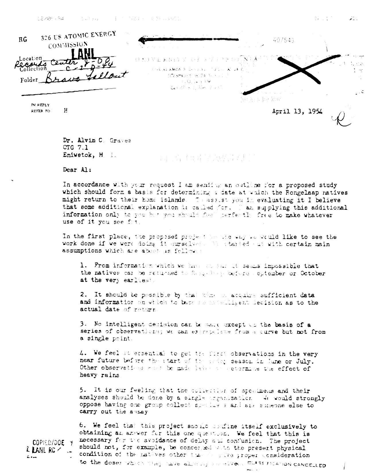 LETTER TO A C GRAVES, SUBJECT: OUTLINE FOR PROPOSED STUDY REGARDING RONGELAP NATIVES RETURNING TO THEIR HOMES by SHIPMAN T L