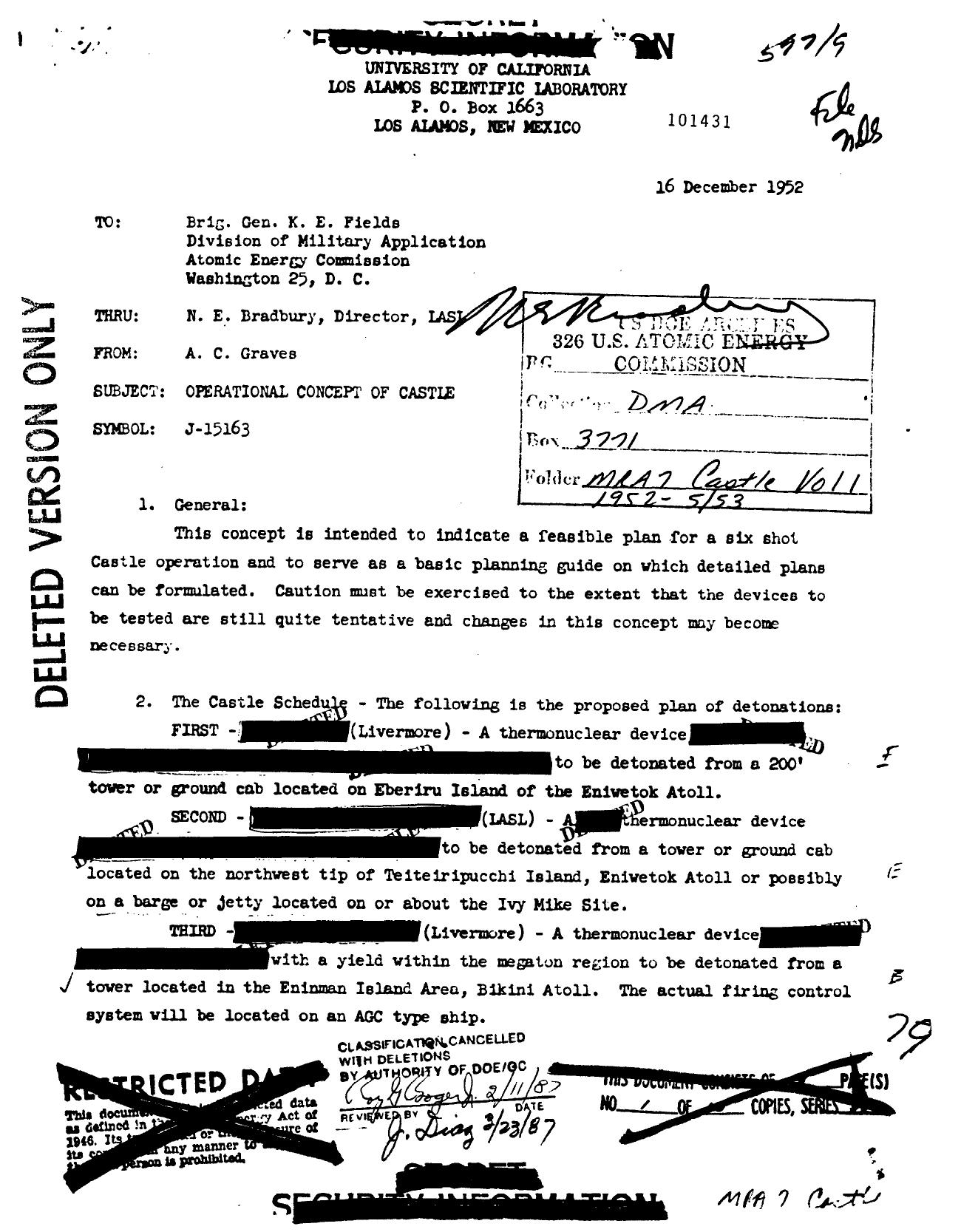 LETTER TO K E FIELDS, ET AL, SUBJECT: OPERATIONAL CONCEPT OF CASTLE (DELETED) by GRAVES A C