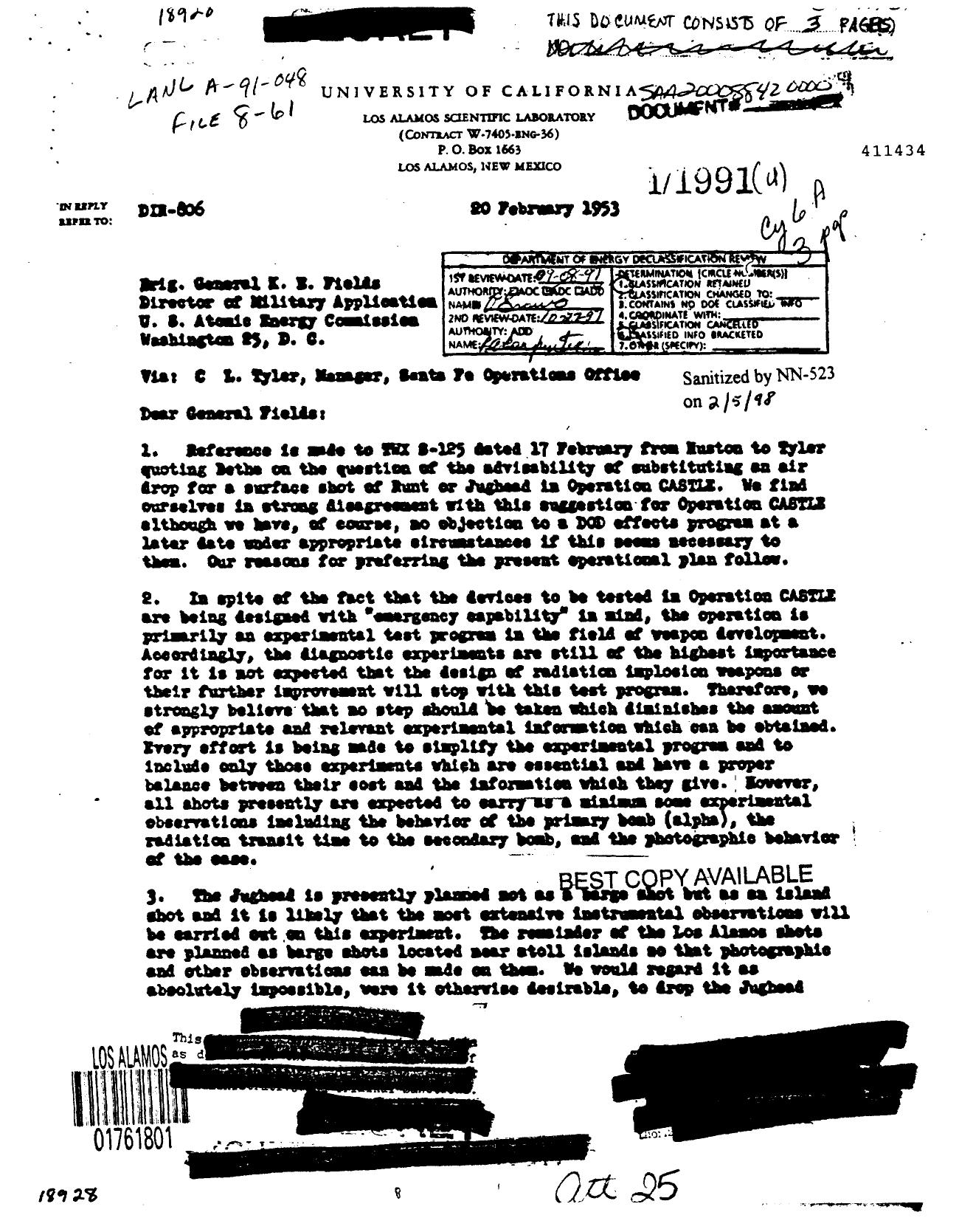 LETTER TO K E FIELDS, SUBJECT: ADVISABILITY OF SUBSTITUTING AN AIR DROP FOR A SURFACE EVENT OF RUNT OF JUGHEAD IN OPERATION CASTLE (DELETED) by UNK