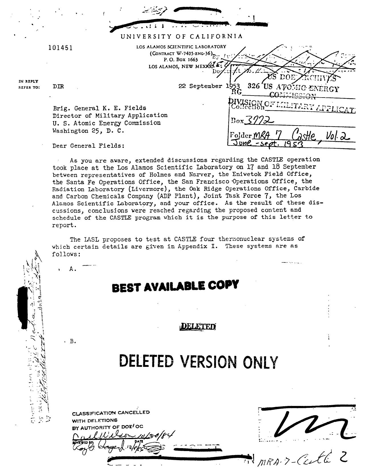 LETTER TO K E FIELDS, SUBJECT: CASTLE PROGRAM ( ENCL: APPENDIX I AND II ) (DELETED) by BRADBURY N E