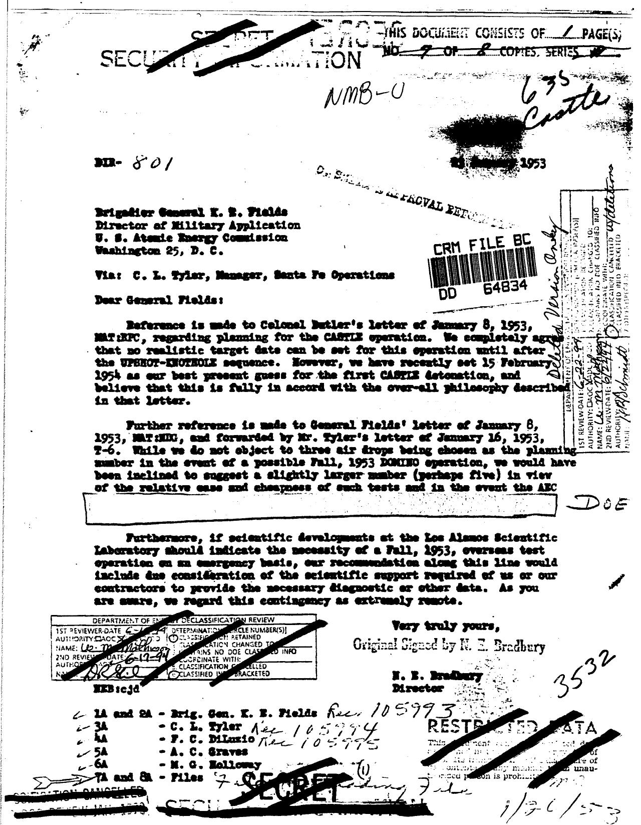 LETTER TO K E FIELDS, SUBJECT: LETTER OF JANUARY 8TH REGARDING PLANNING FOR THE CASTLE OPERATION (DELETED) by FIELDS K E