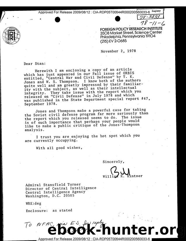 LETTER TO STANSFIELD TURNER FROM WILLIAM R. KINTNER by Unknown