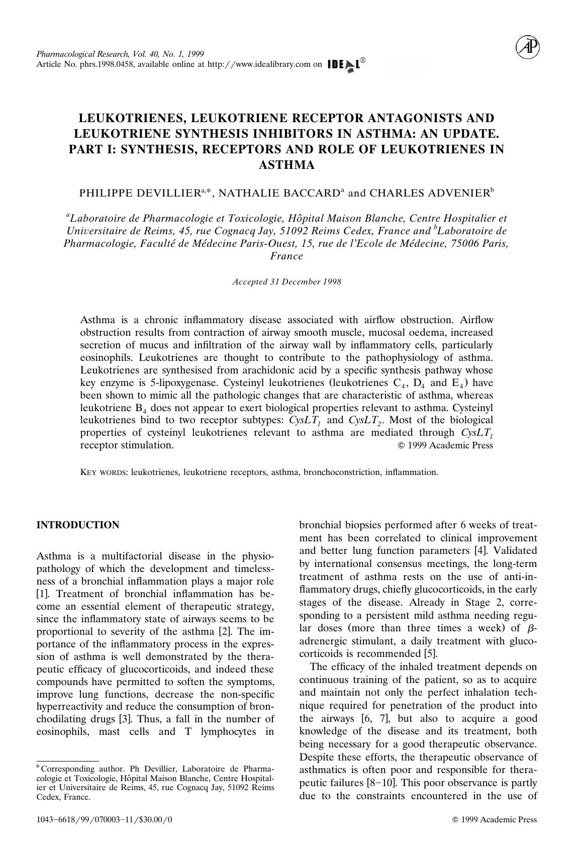 LEUKOTRIENES, LEUKOTRIENE RECEPTOR ANTAGONISTS AND LEUKOTRIENE SYNTHESIS INHIBITORS IN ASTHMA: AN UPDATE PART I: SYNTHESIS, RECEPTORS AND ROLE OF LEUKOTRIENES IN ASTHMA by DEVILLIER P. et al