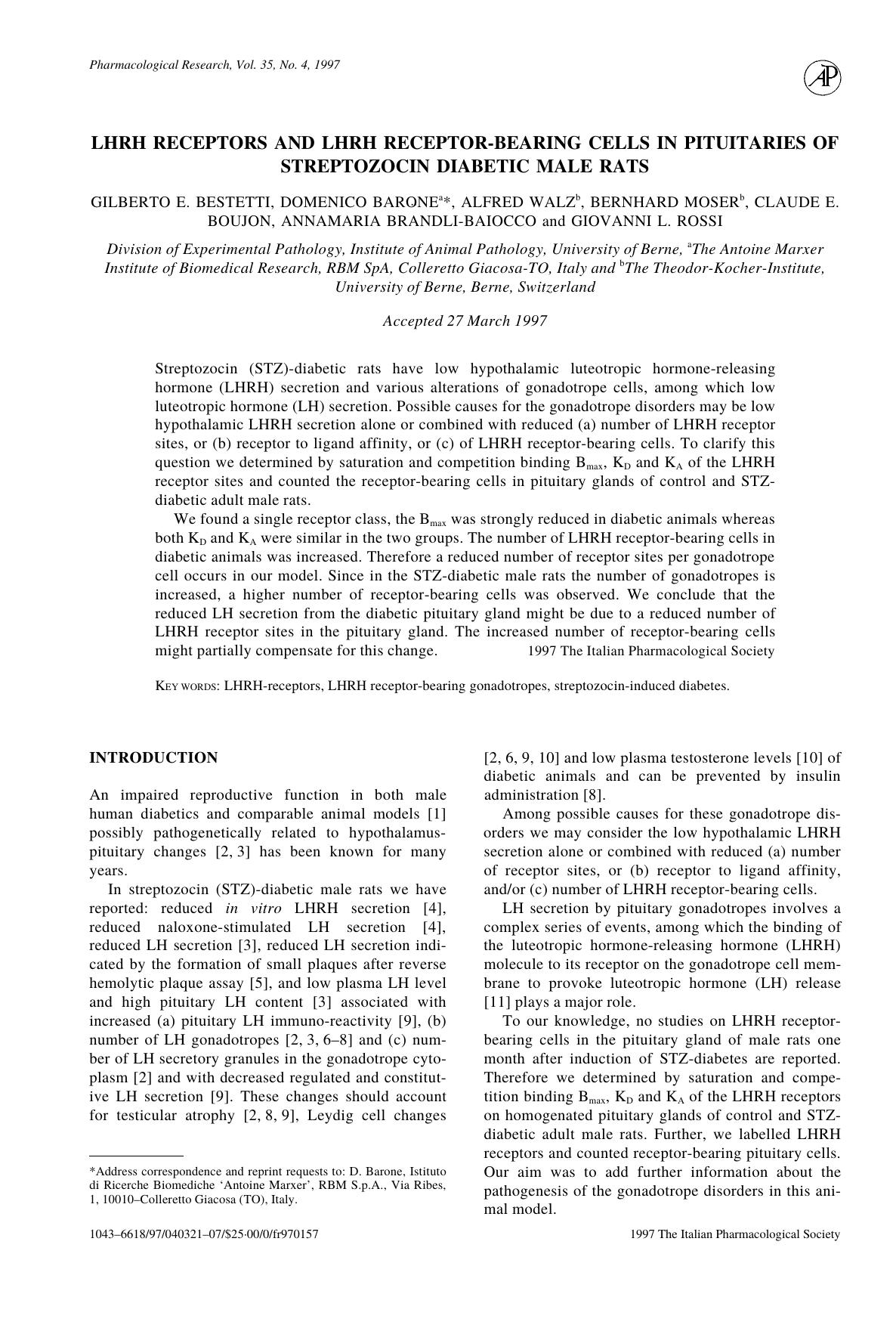 LHRH receptors and LHRH Receptor-Bearing Cells in Pituitaries of Streptozocin Diabetic Male Rats by Bestetti G. E. et al