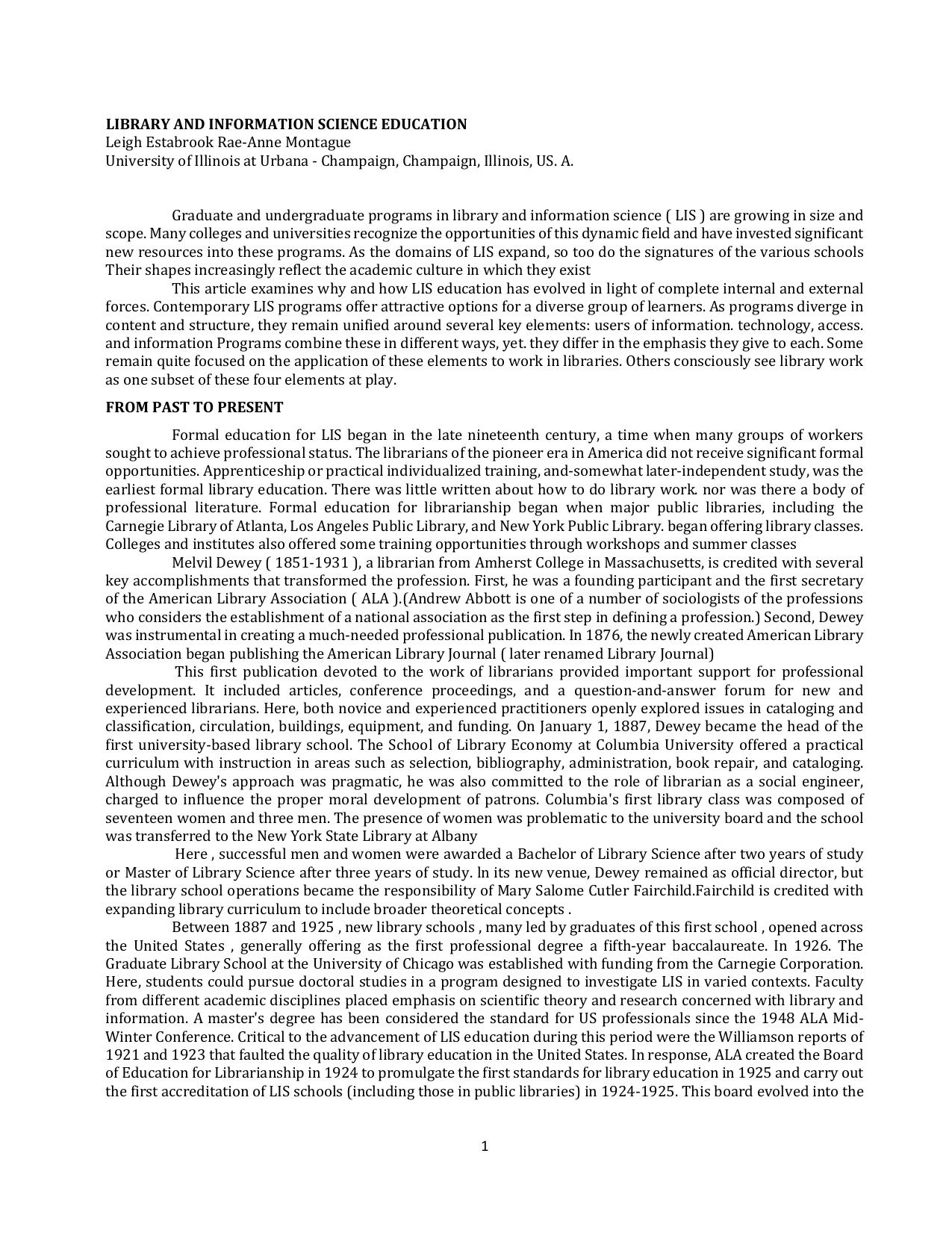 LIBRARY AND INFORMATION SCIENCE EDUCATION by Leigh Estabrook Rae-Anne Montague