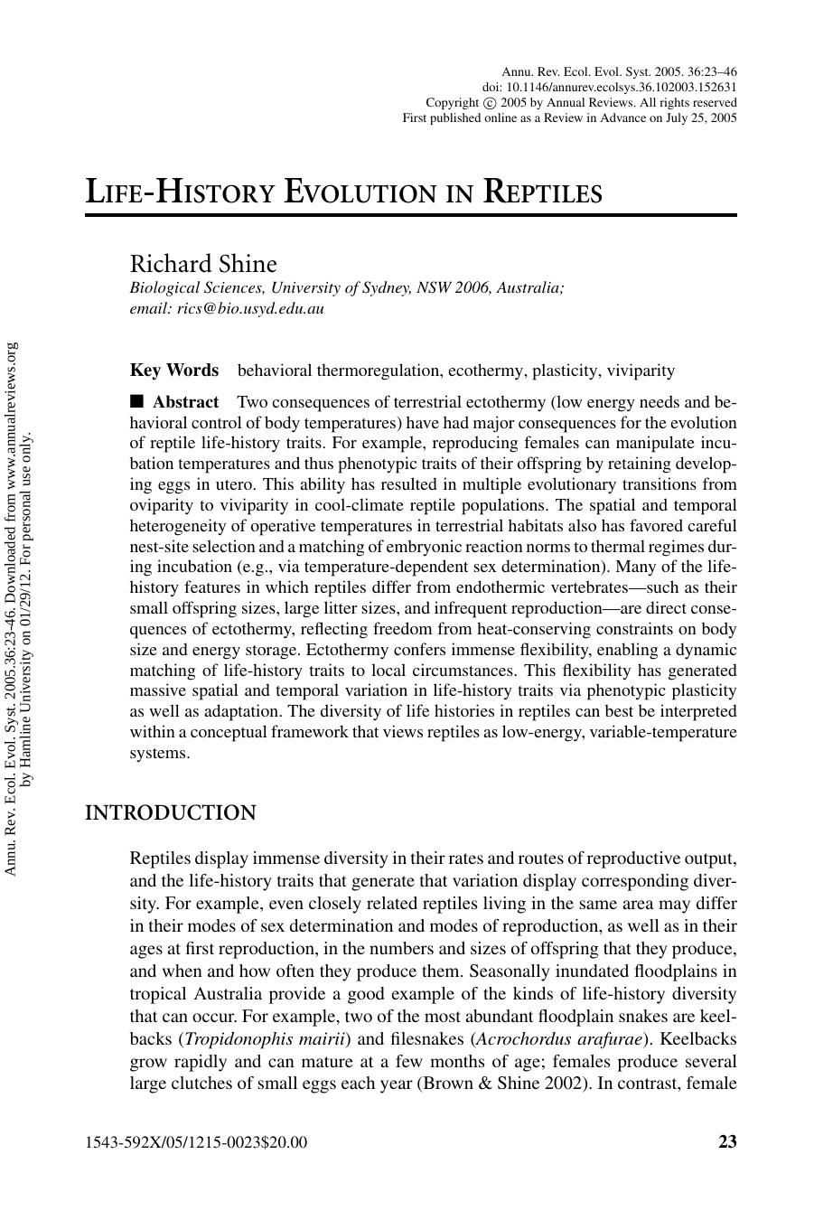 LIFE-HISTORY EVOLUTION IN REPTILES by Richard Shine