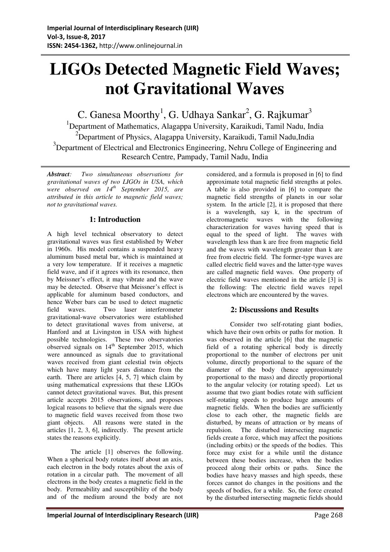LIGOs Detected Magnetic Field Waves; not Gravitational Waves by G. Udhaya Sankar