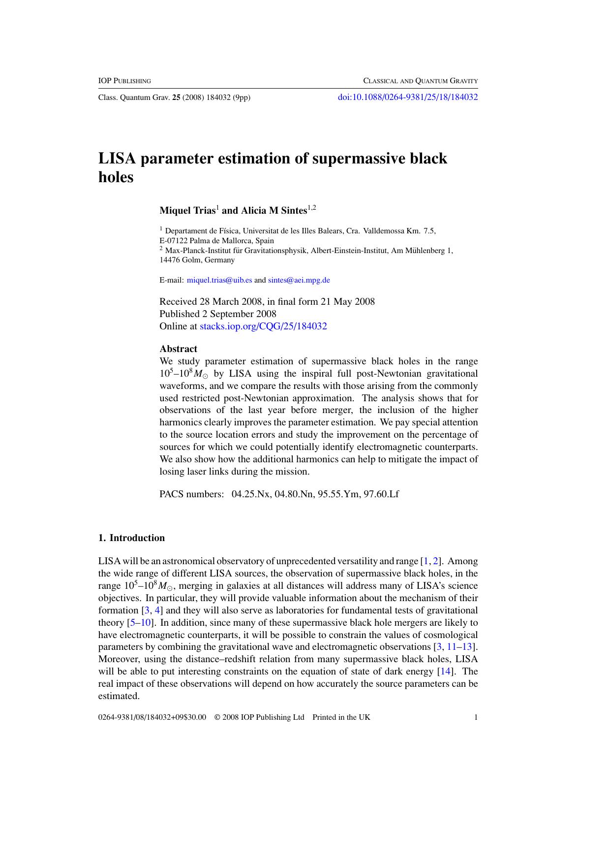 LISA parameter estimation of supermassive black holes by M Trias and A M Sintes