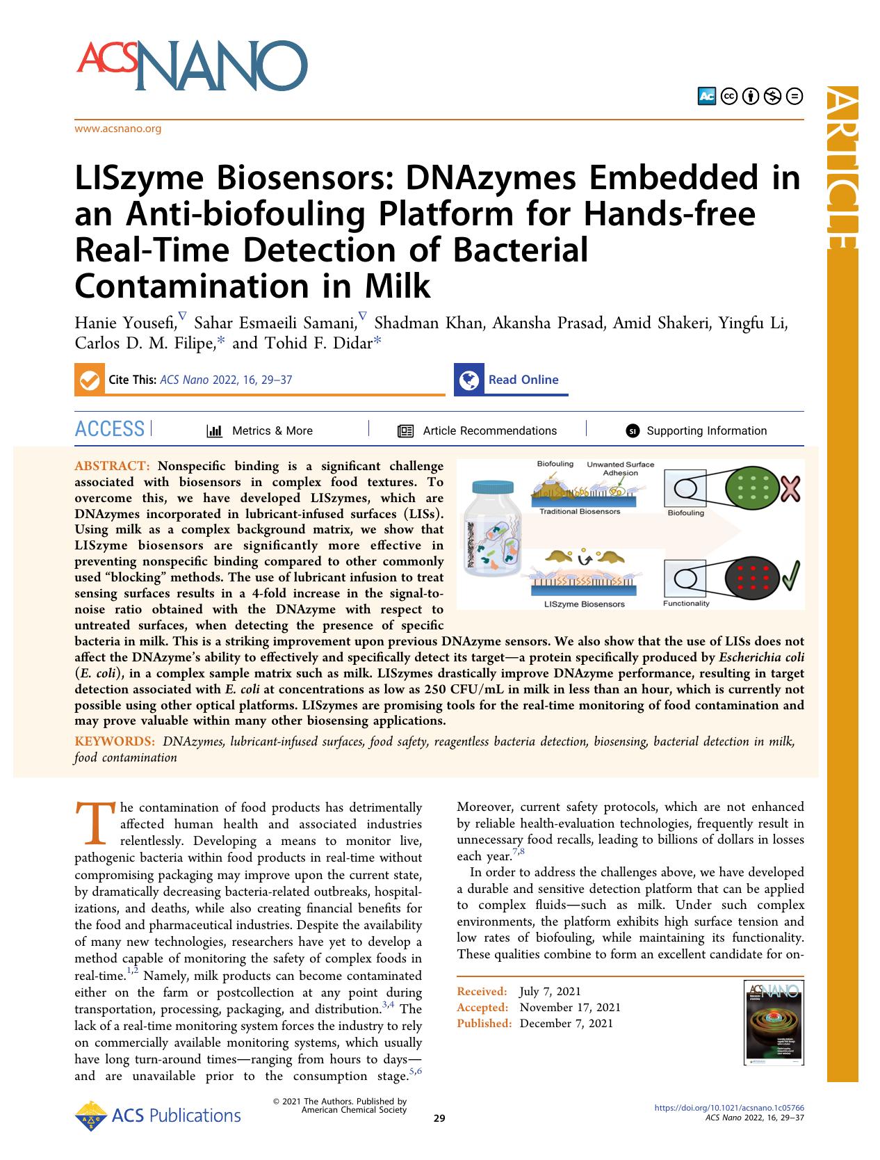 LISzyme Biosensors: DNAzymes Embedded in an Anti-biofouling Platform for Hands-free Real-Time Detection of Bacterial Contamination in Milk by unknow