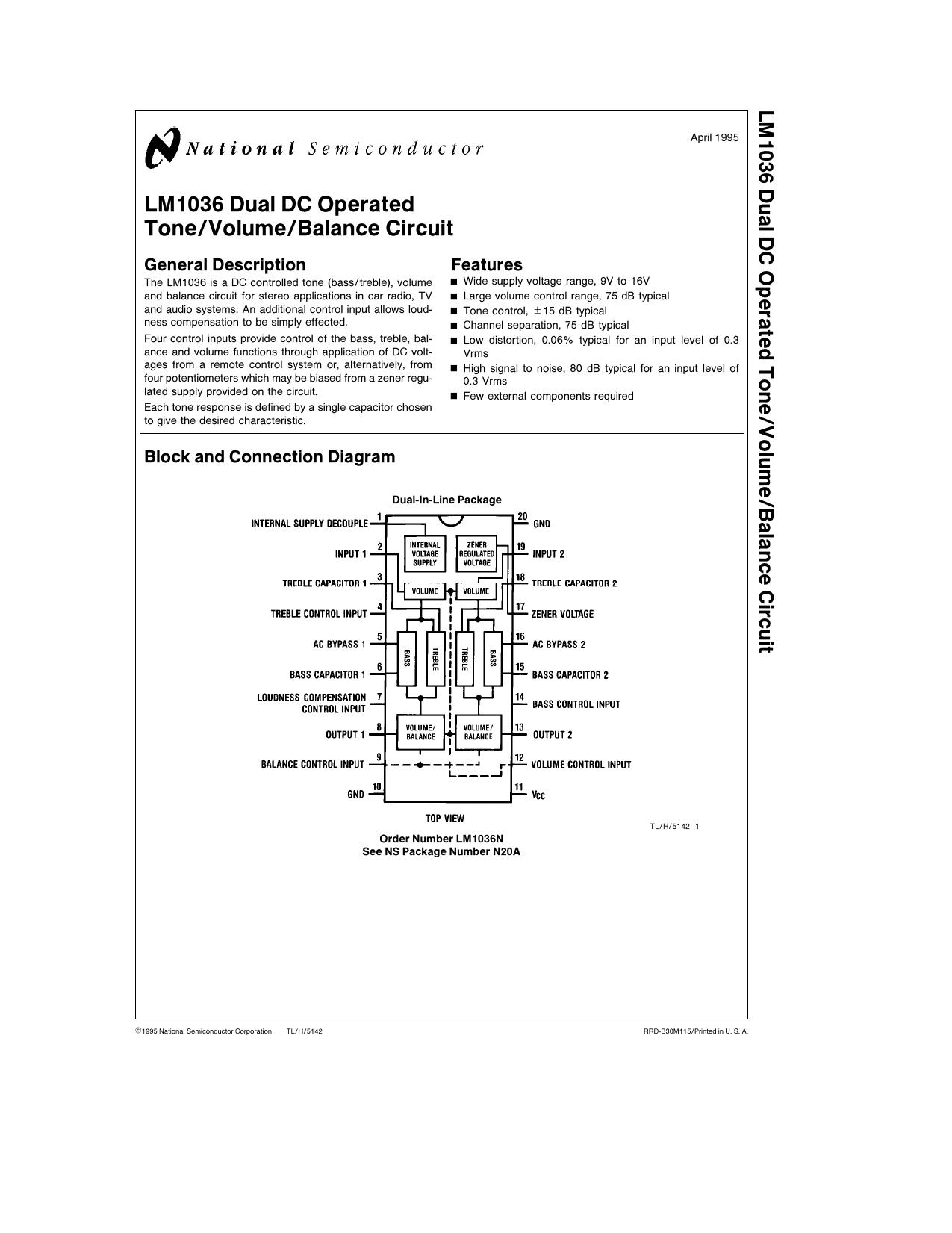 LM1036 Dual DC Operated ToneVolumeBalance Circuit by Unknown