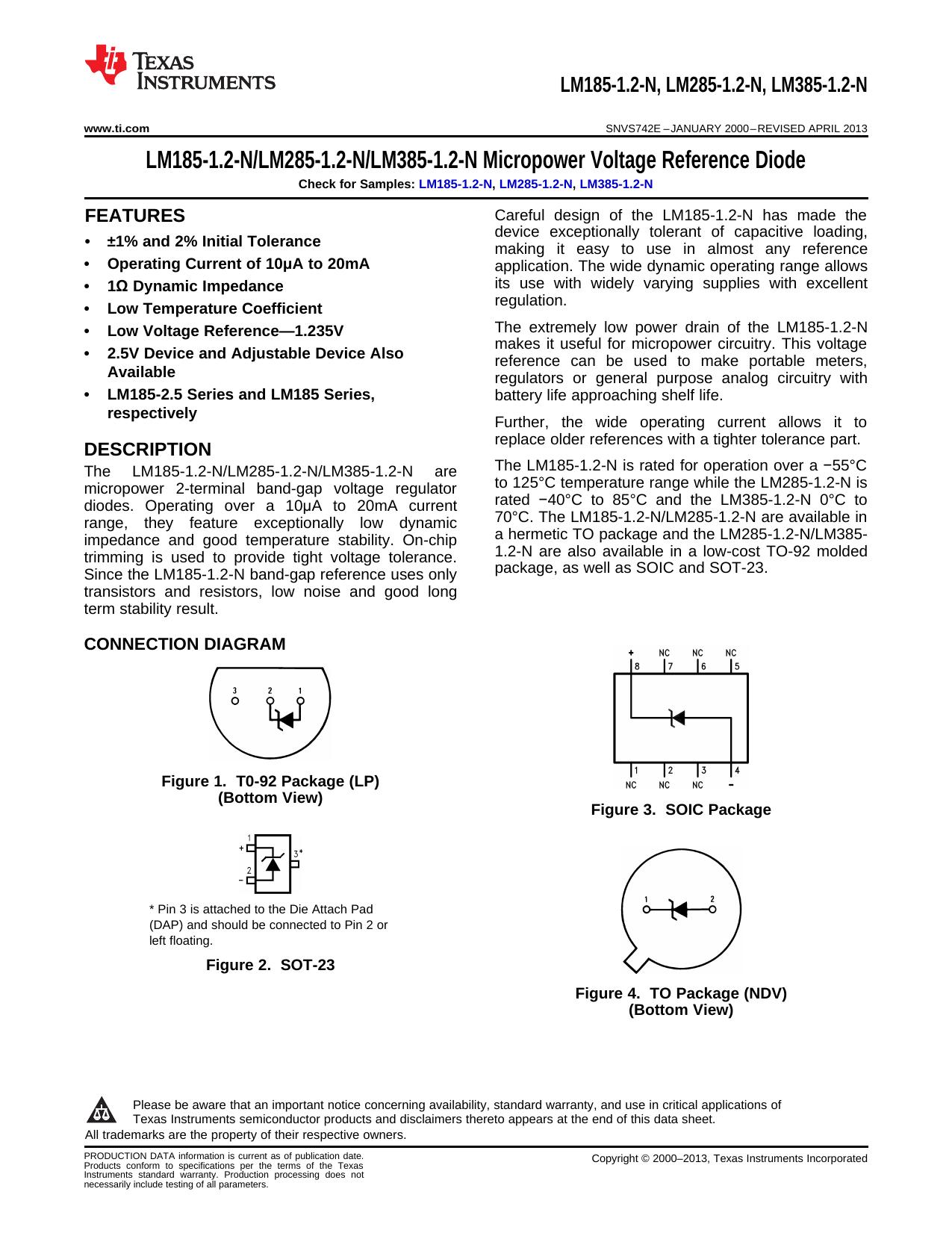 LM185-1.2LM285-1.2LM385-1.2 Micropower Voltage Reference Diode datasheet (Rev. E) by Texas Instruments Incorporated [SNVS742 E