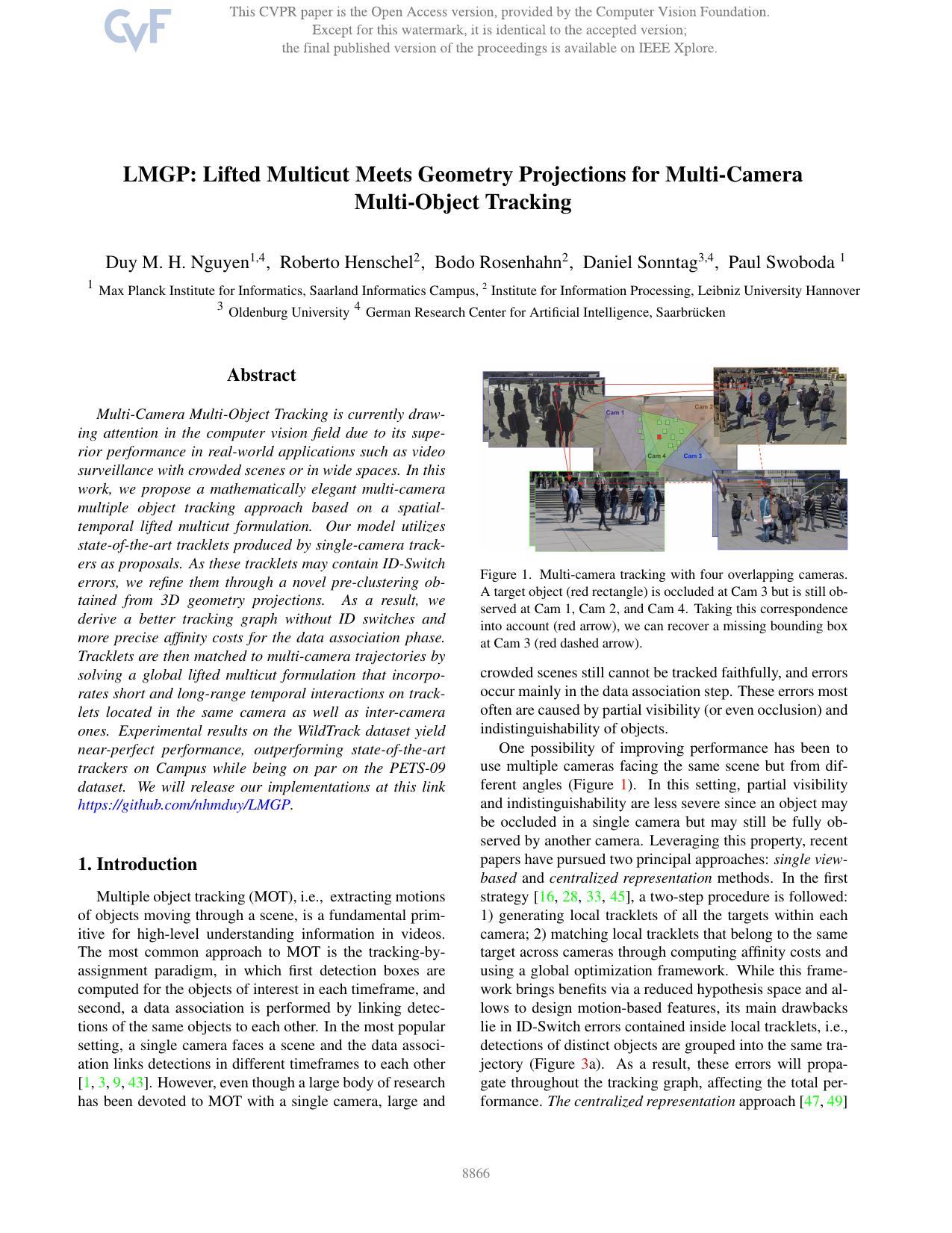LMGP: Lifted Multicut Meets Geometry Projections for Multi-Camera Multi-Object Tracking by Duy M. H. Nguyen & Roberto Henschel & Bodo Rosenhahn & Daniel Sonntag & Paul Swoboda