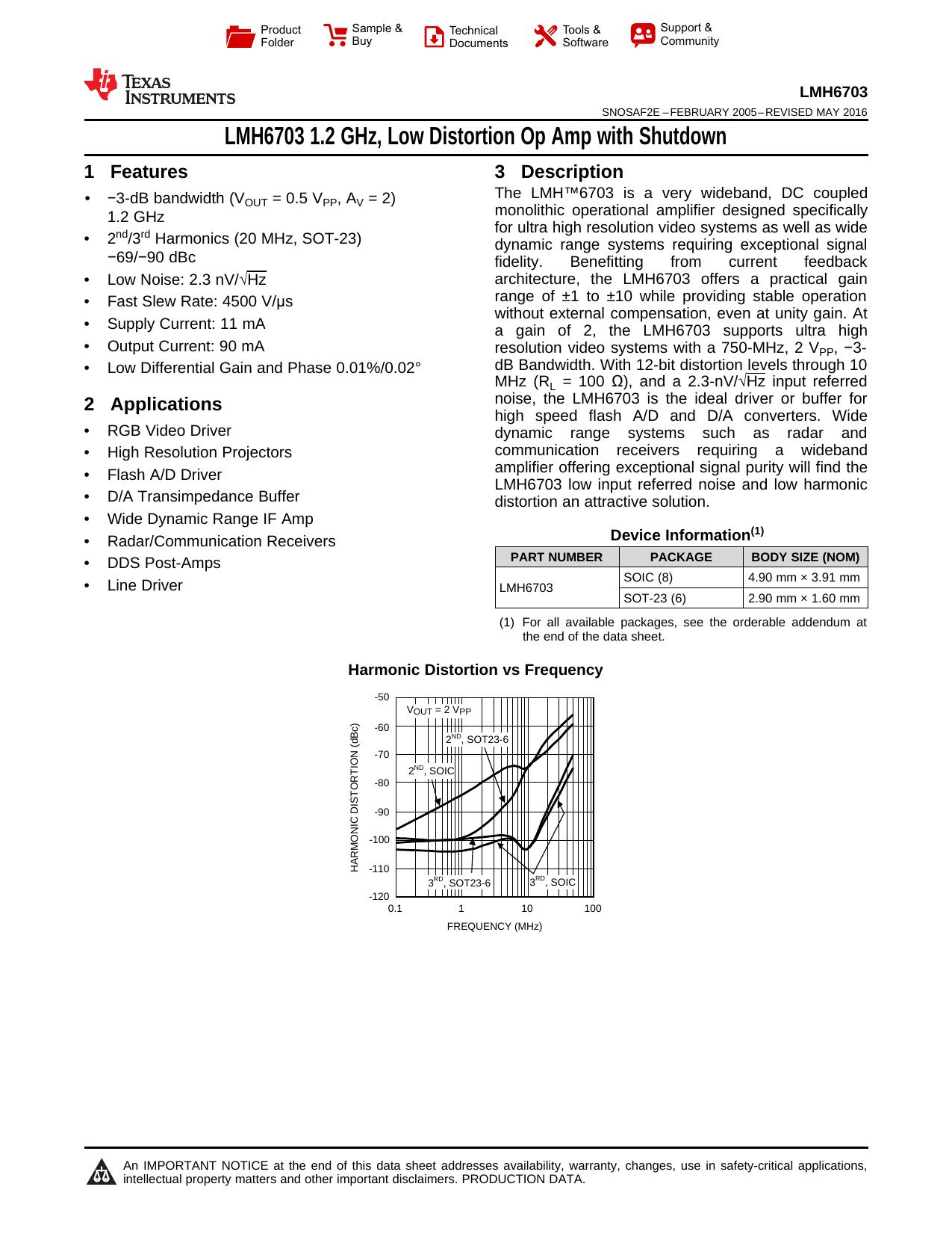 LMH6703 1.2 GHz, Low Distortion Op Amp with Shutdown (Rev. E) by Texas Instruments Incorporated [SNOSAF2 E