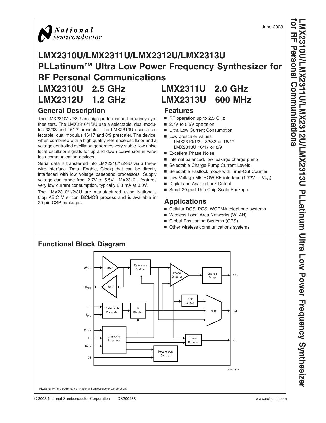 LMX2310ULMX2311ULMX2312ULMX2313U PLLatinum Ultra Low Power Frequency Synthesizer for RF Personal Communications LMX2310U 2.5 GHz LMX2311U 2.0 GHz LMX2312U 1.2 GHz LMX2313U 600 MHz by Unknown