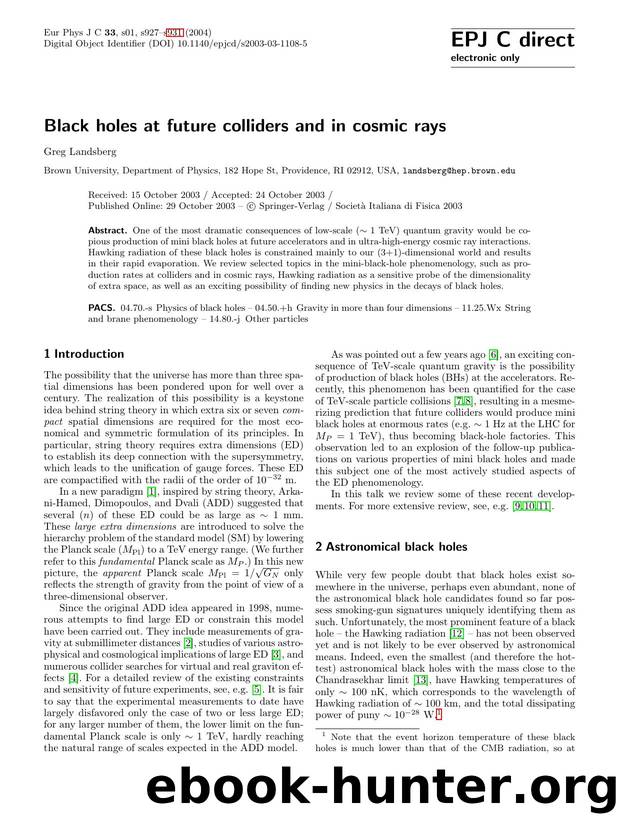 LNCS 1 - Black holes at future colliders and in cosmic rays by Greg Landsberg