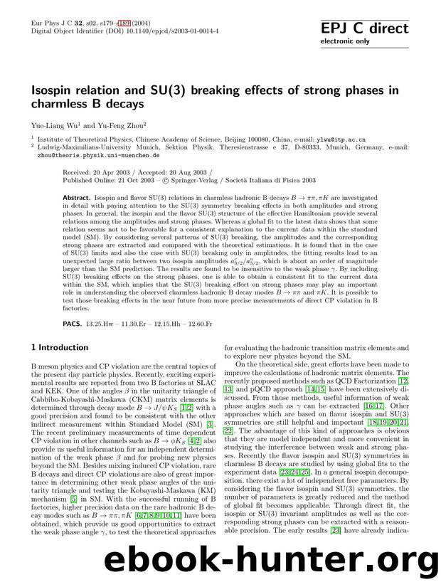LNCS 1 - Isospin relation and SU(3) breaking effects of strong phases in charmless B decays by Yue-Liang Wu & Yu-Feng Zhou