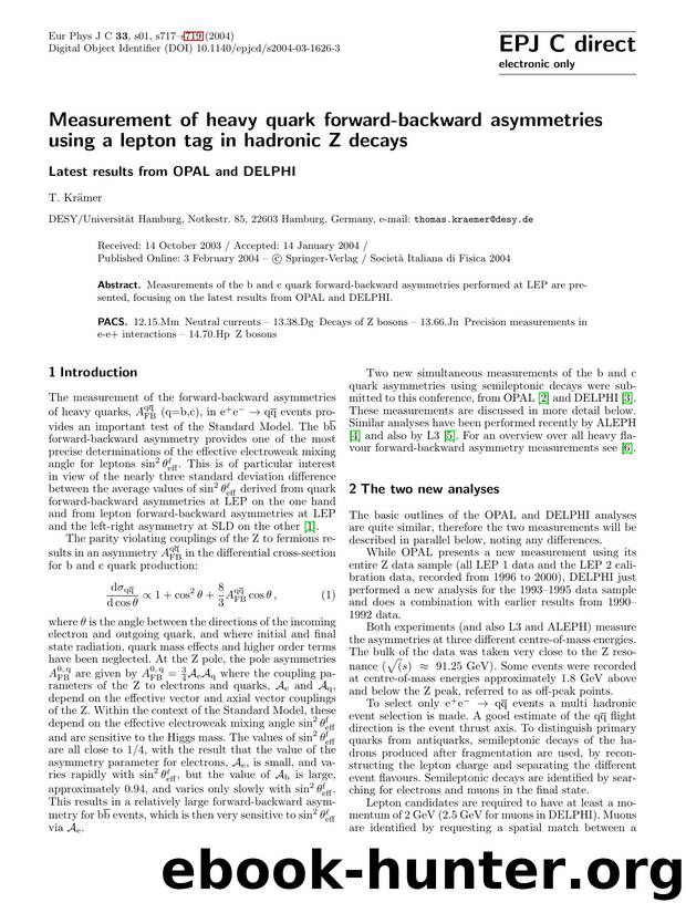 LNCS 1 - Measurement of heavy quark forward-backward asymmetries using a lepton tag in hadronic Z decays by T. Krämer
