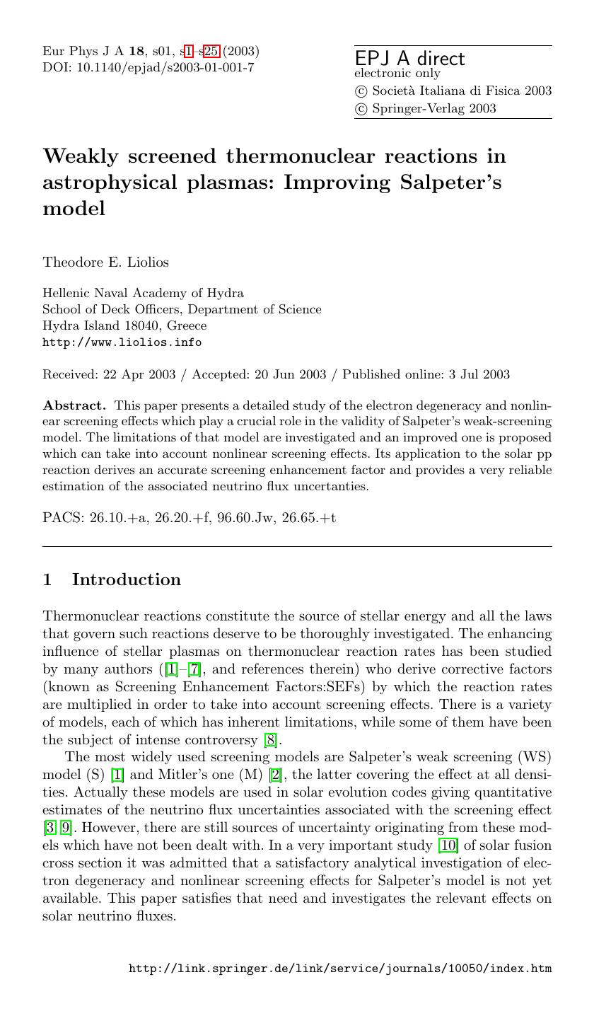 LNCS 1 - Weakly screened thermonuclear reactions in astrophysical plasmas: Improving Salpeterâs model by Theodore E. Liolios