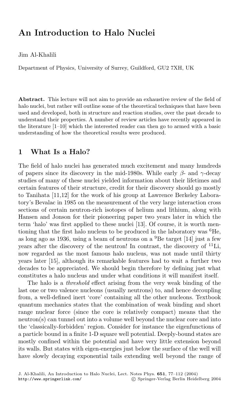 LNCS 651 - An Introduction to Halo Nuclei by Jim Al-Khalili