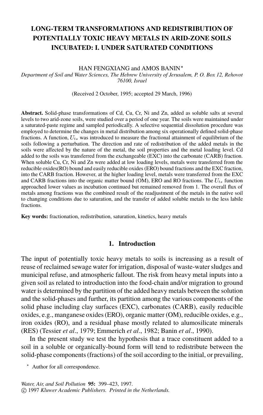 LONG-TERM TRANSFORMATIONS AND REDISTRIBUTION OF POTENTIALLY TOXIC HEAVY METALS IN ARID-ZONE SOILS INCUBATED: I. UNDER SATURATED CONDITIONS by Unknown