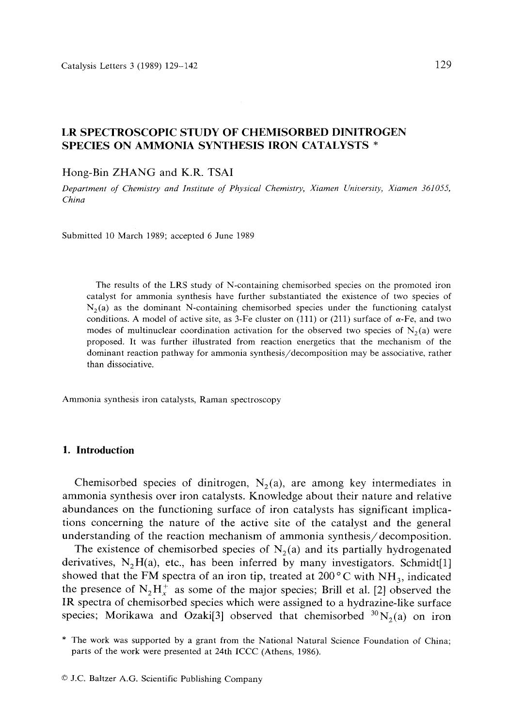 LR spectroscopic study of chemisorbed dinitrogen species on ammonia synthesis iron catalysts by Unknown