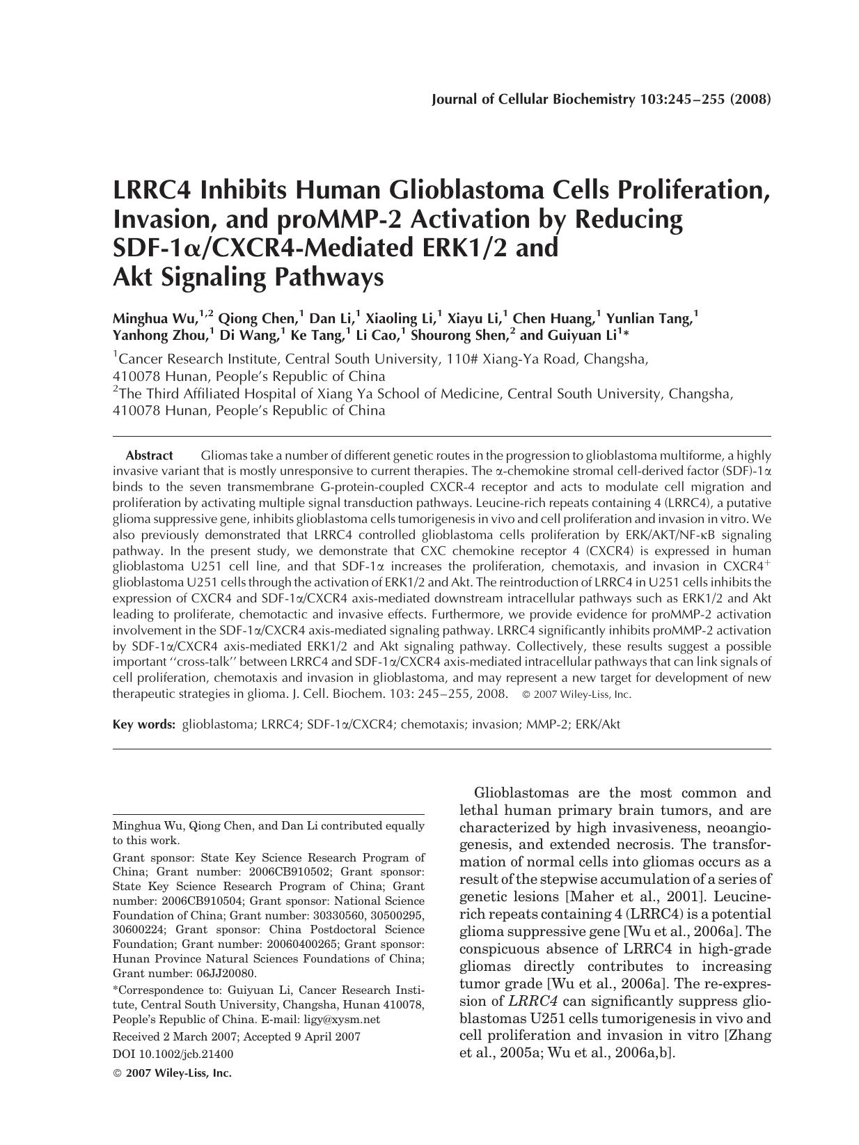 LRRC4 inhibits human glioblastoma cells proliferation, invasion, and proMMP-2 activation by reducing SDF-1[alpha]CXCR4-mediated ERK12 and Akt signaling pathways by Unknown